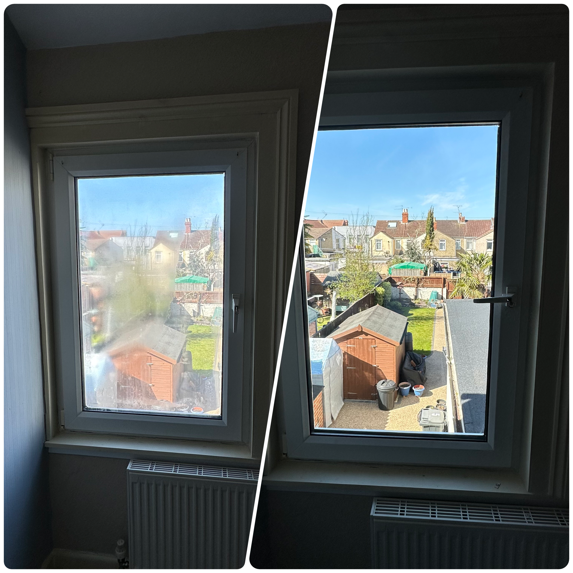 Before and after view of a window. One side shows a dirty window, other side is clean. Outdoors visible.