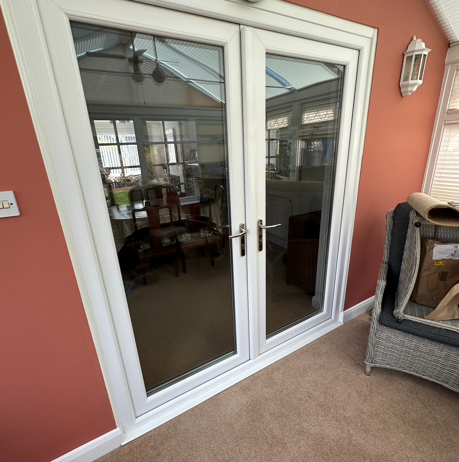 A UPVC french door before adding a cat flap.