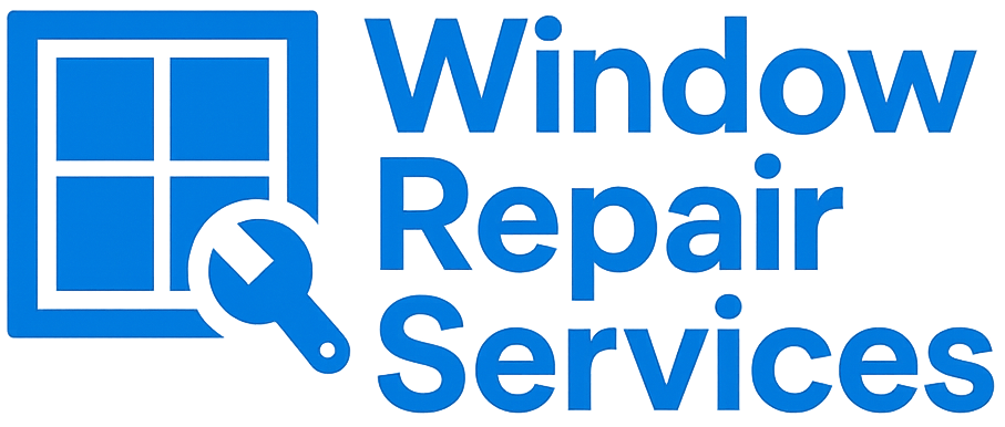 A blue logo for window repair services with a window and a wrench.