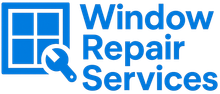 A blue logo for window repair services with a window and a wrench.