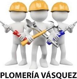 Un logotipo de Plomeria Vasquez muestra a tres personas sosteniendo herramientas.