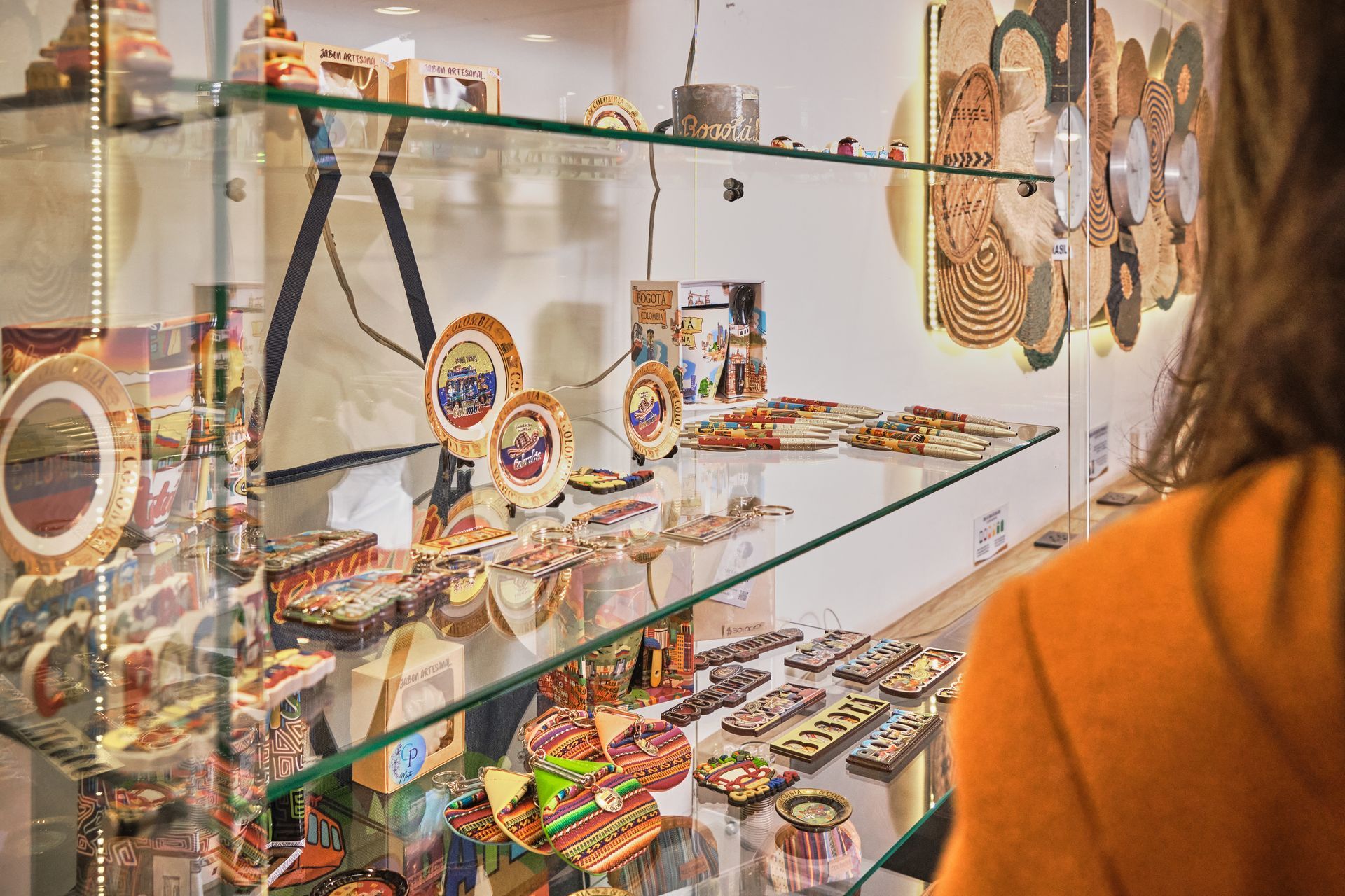 Local handicrafts in a shop in Bogotá’s Historic Center, with cultural souvenirs and traditional products near Hotel Virrey Central