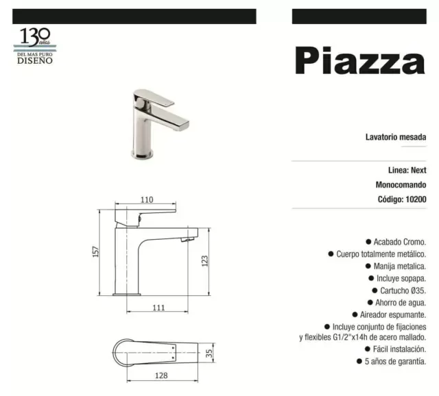 Monocomando lavatorio bajo piazza next