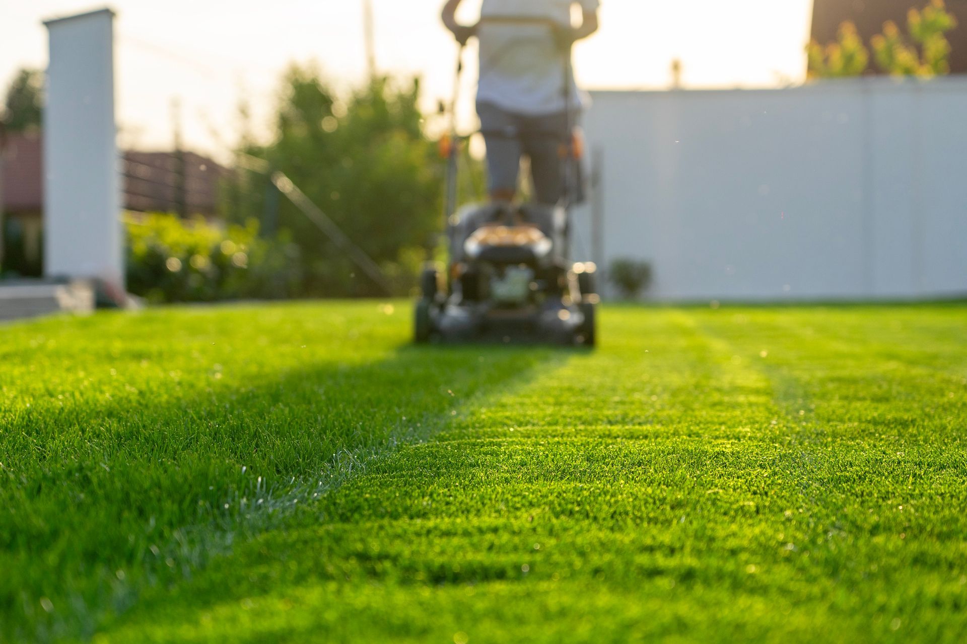 Person mowing a bright green lawn with a push mower on a sunny day.
