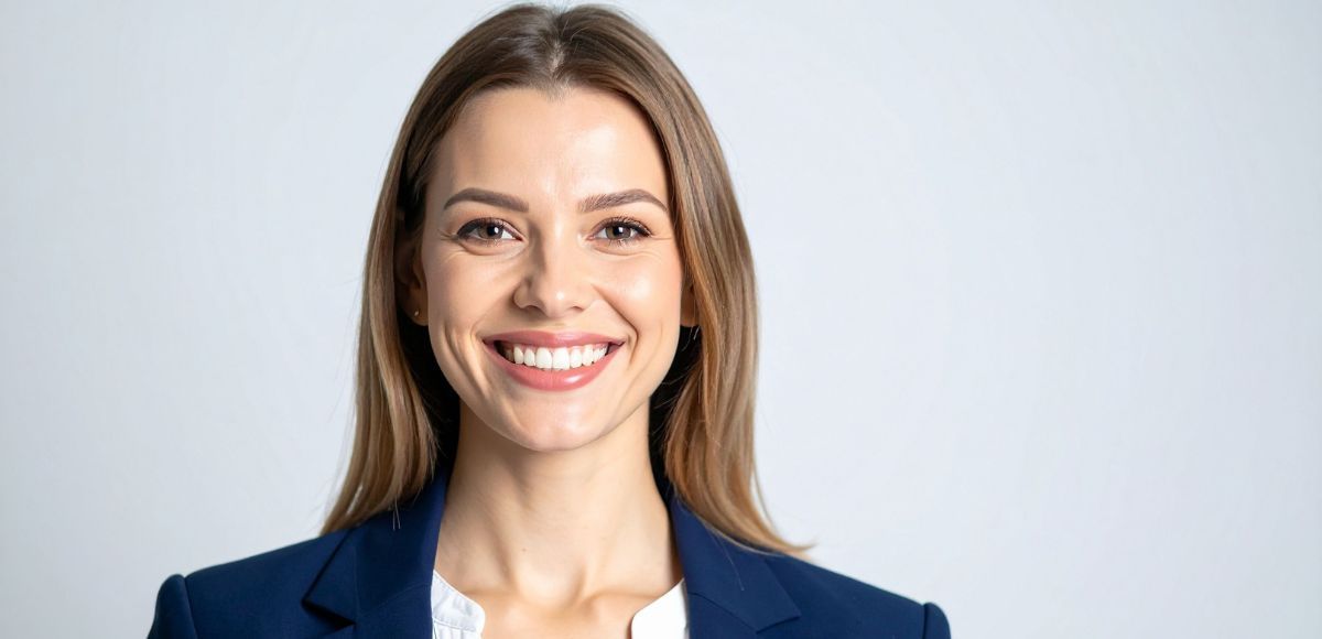 Smiling woman in a navy blazer against a light gray background