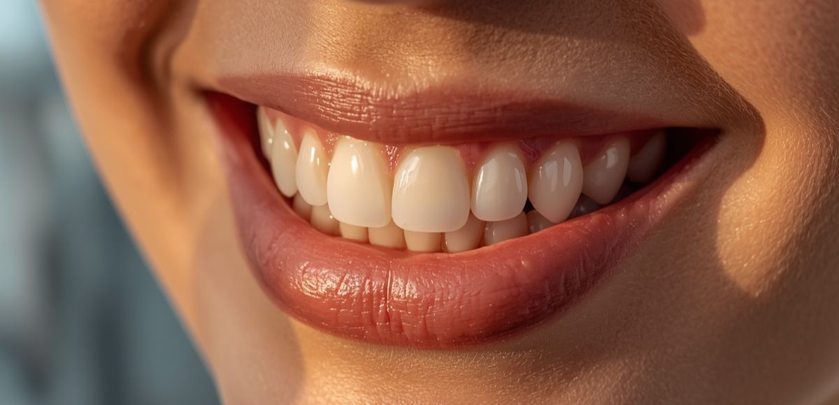 Close-up of a smiling mouth with white teeth and glossy pink lips.