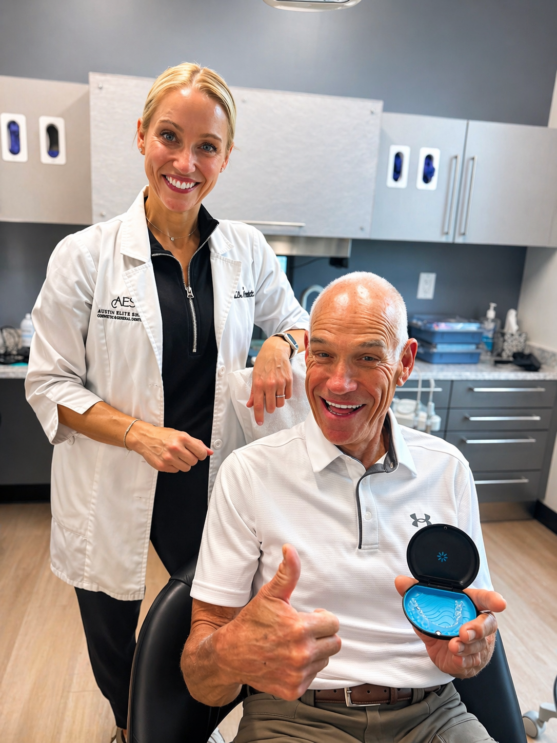 Two smiling clinic staff members in a treatment room; one seated man gives a thumbs-up while holding a blue dental device.