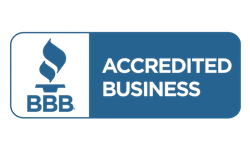 BBB Accredited Business logo: blue and white rectangle with a torch icon.
