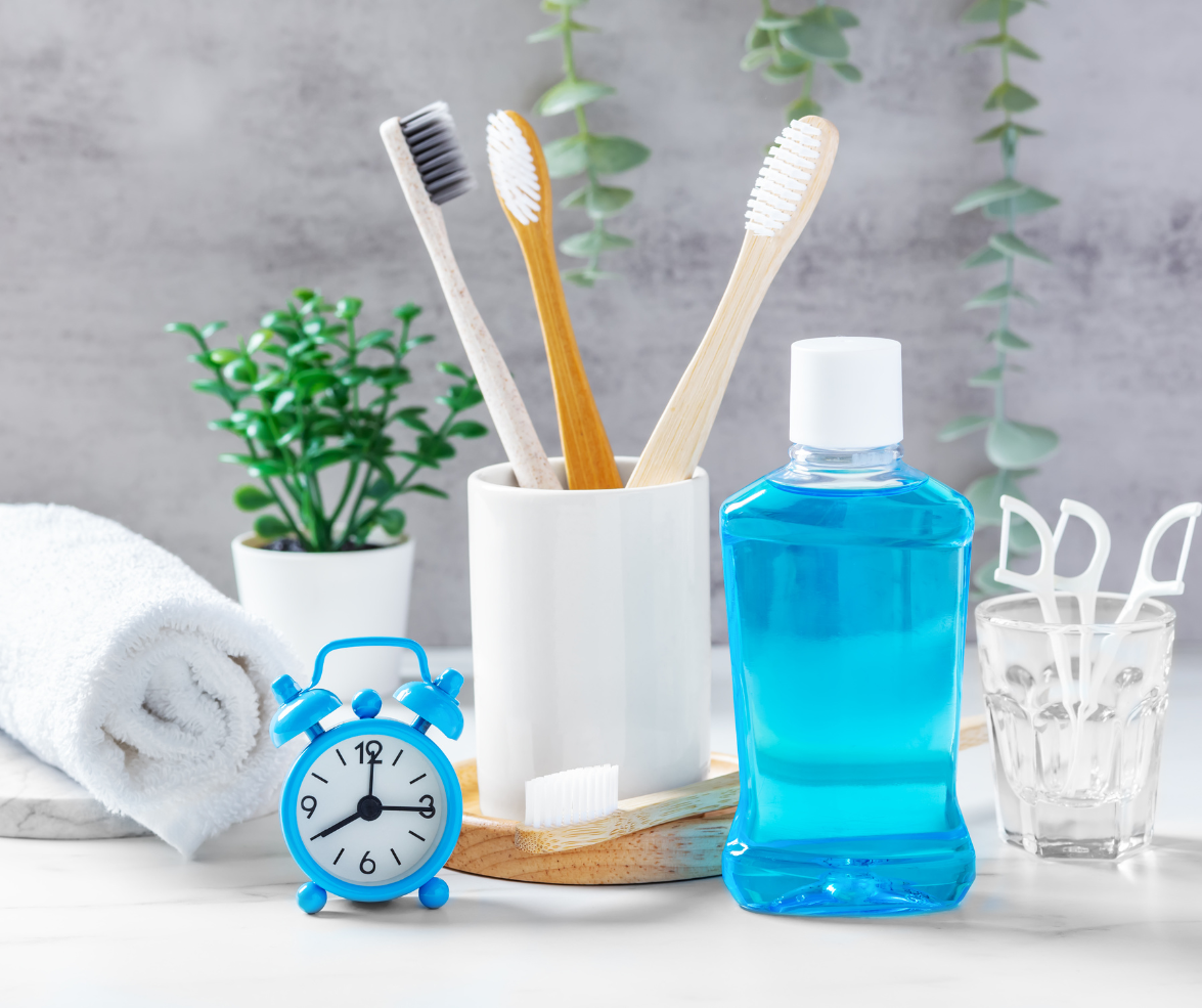 dental hygiene materials like toothbrush and mouthwash