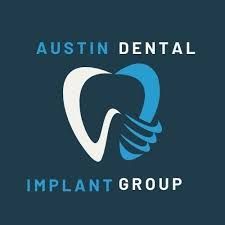 Logo for Austin Dental Implant Group featuring a stylized white and blue tooth icon on a dark blue background.