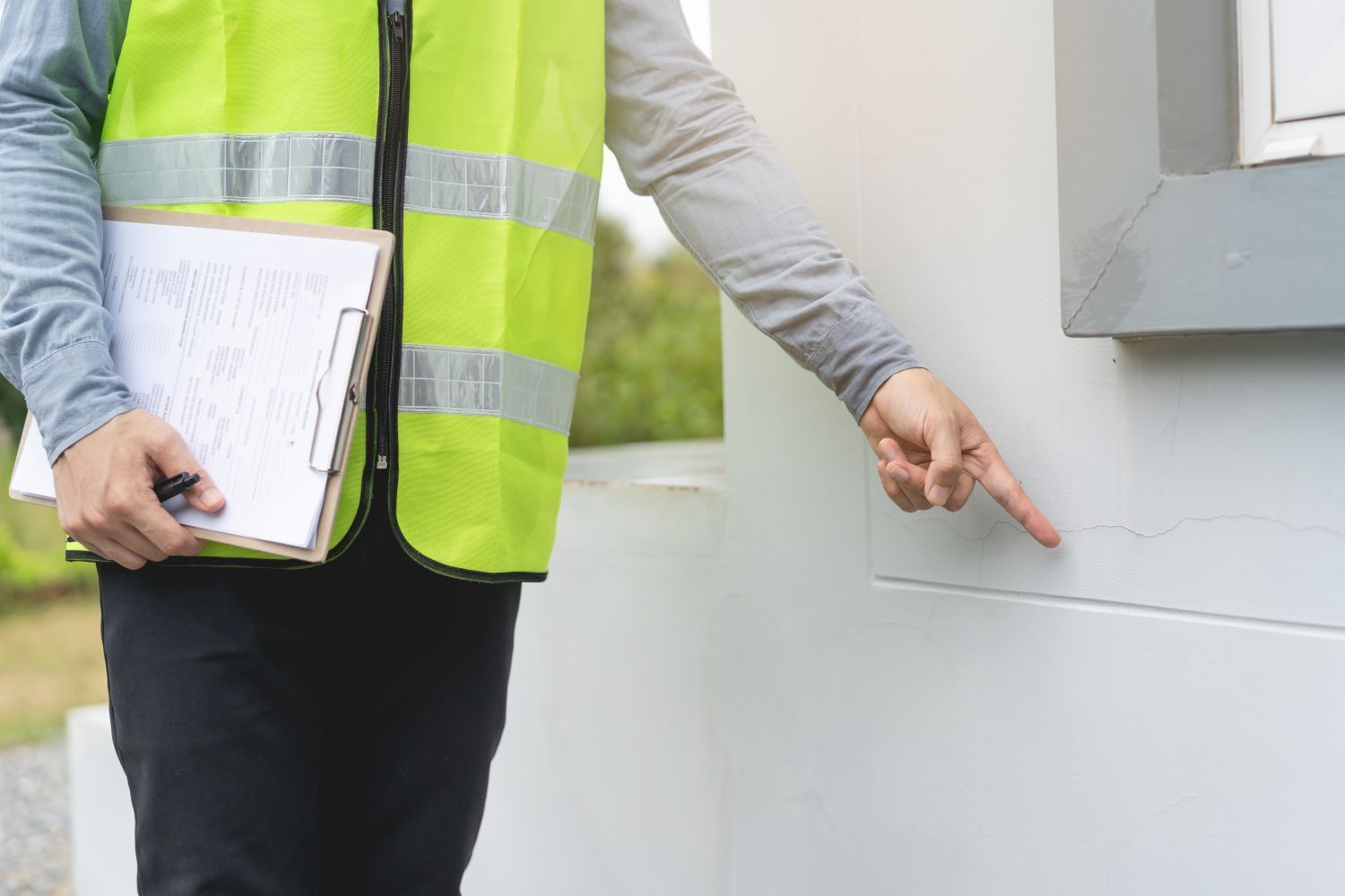 A man in a yellow vest is pointing at a wall while holding a clipboard.