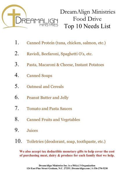 Dreamalign ministries food drive top 10 needs list