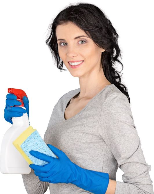A woman wearing blue gloves is holding a spray bottle and a sponge.