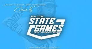 The new york state games logo is on a blue background.