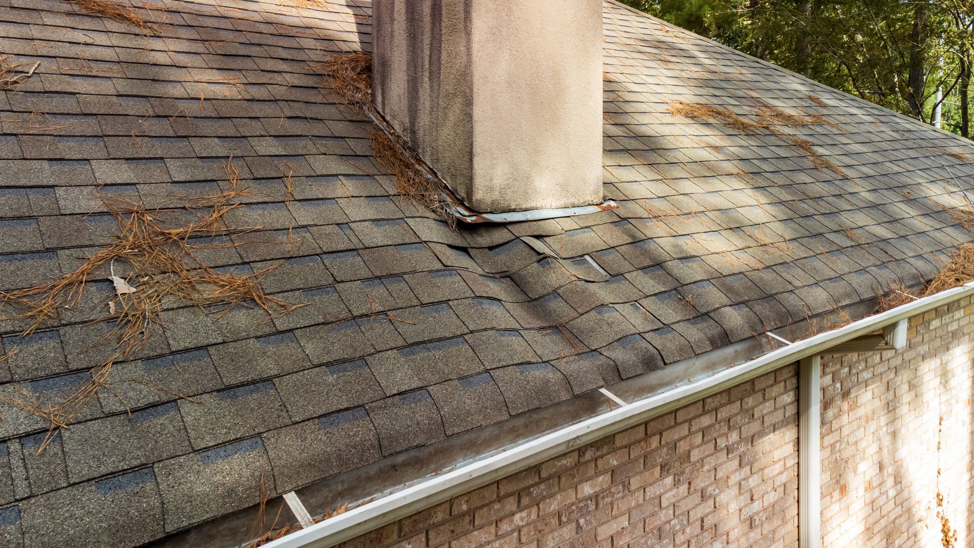 Damaged shingles around chimney