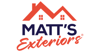 the logo for matt 's exteriors shows a house with a red roof .