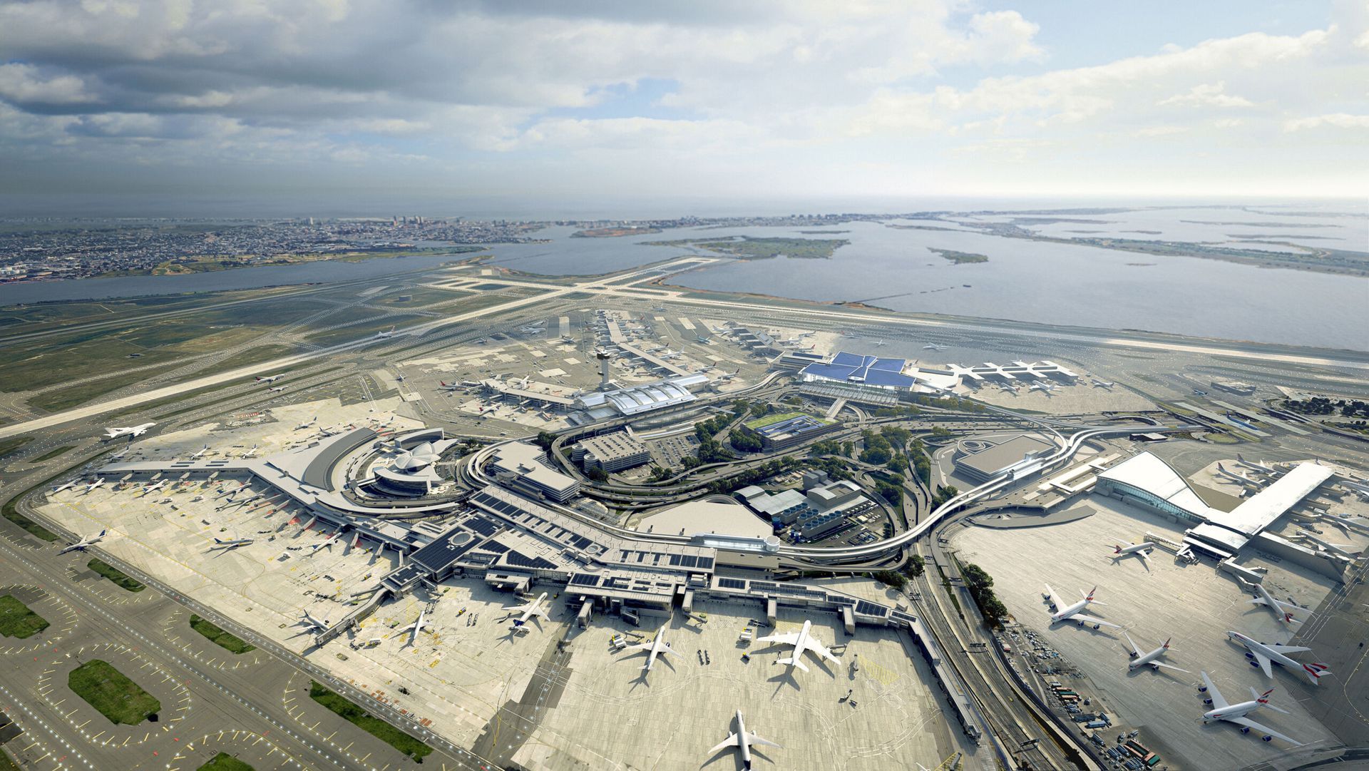 An artist 's impression of a busy airport terminal