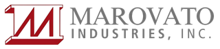 A red and white logo for marovato industries inc.
