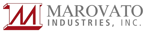 A red and white logo for marovato industries inc.