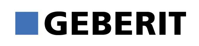 Un logo nero e blu per Geberit su uno sfondo bianco.