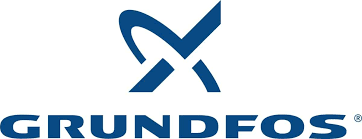 Un logo blu e bianco per Grundfos su uno sfondo bianco