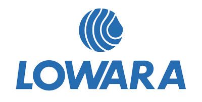 Il logo di lowara è blu e bianco con una palla blu al centro.