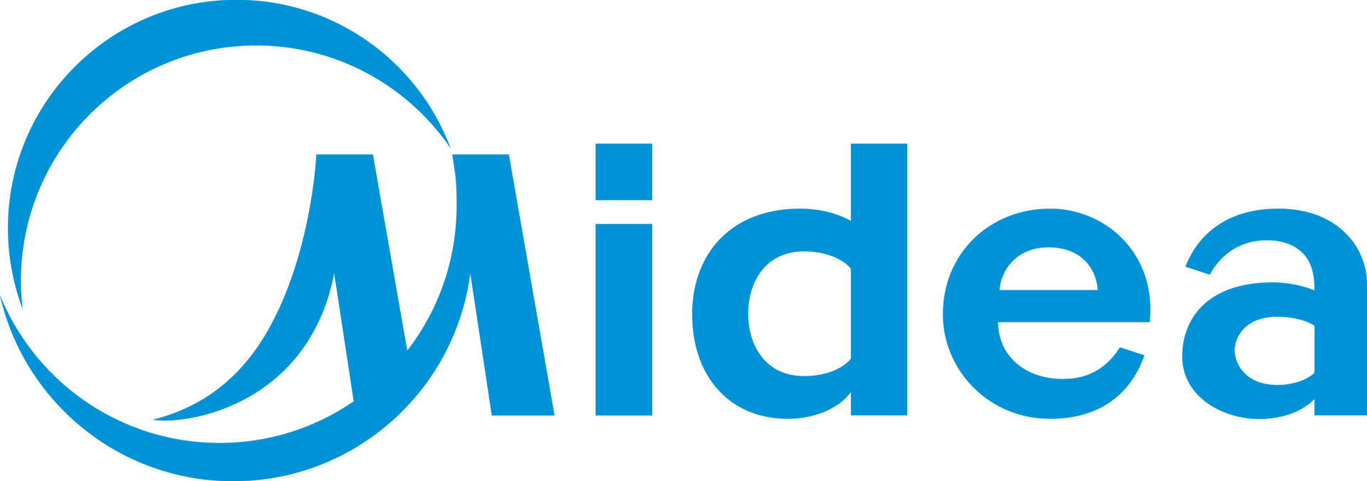 Il logo midea è blu e bianco su sfondo bianco.