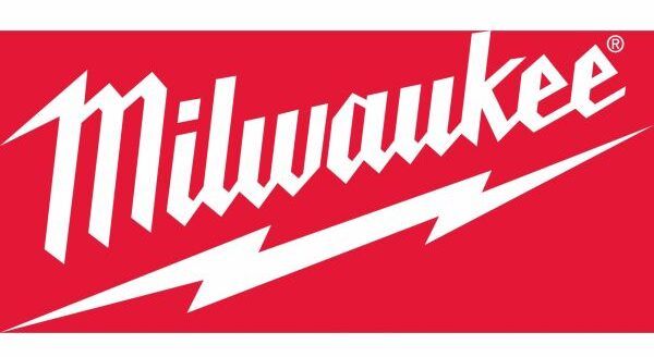 Un logo di Milwaukee con un fulmine su uno sfondo rosso