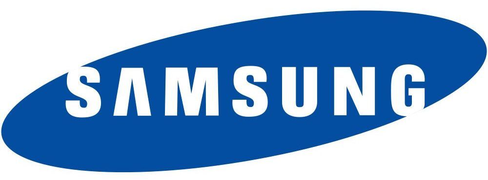 Il logo Samsung è blu e bianco su sfondo bianco.