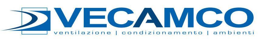 Un logo blu e bianco per vecamco su uno sfondo bianco