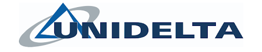 Un logo blu e bianco per Unidelta con un triangolo al centro