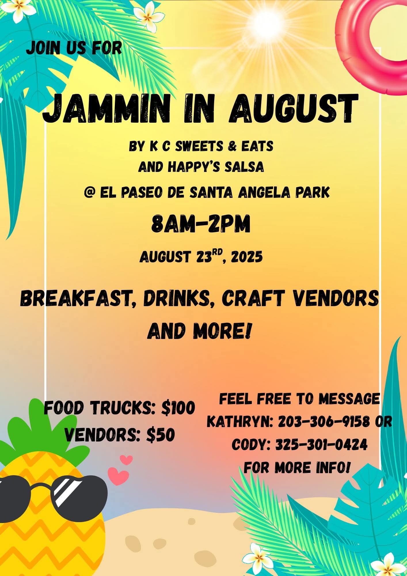 An advertisement for jammin in august with a pineapple wearing sunglasses
