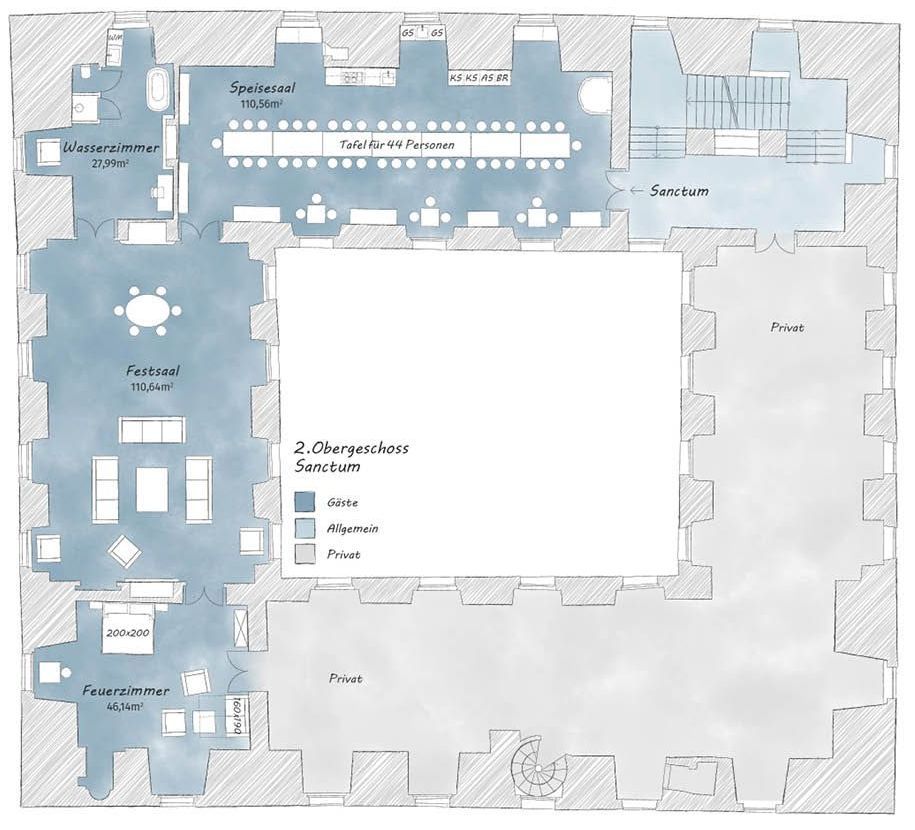 Grundriss 2.OG, das Sanctum in blau markiert