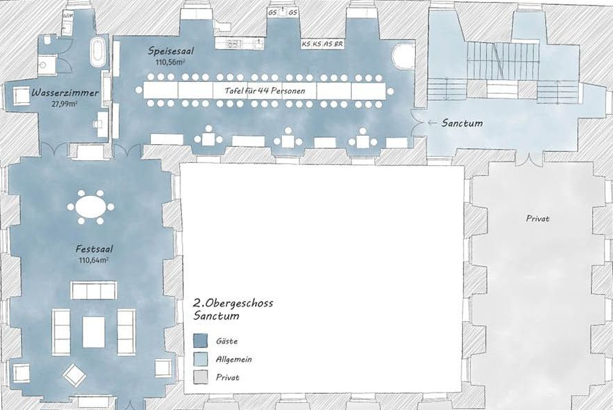 Grundriss 2.OG, das Sanctum in blau markiert