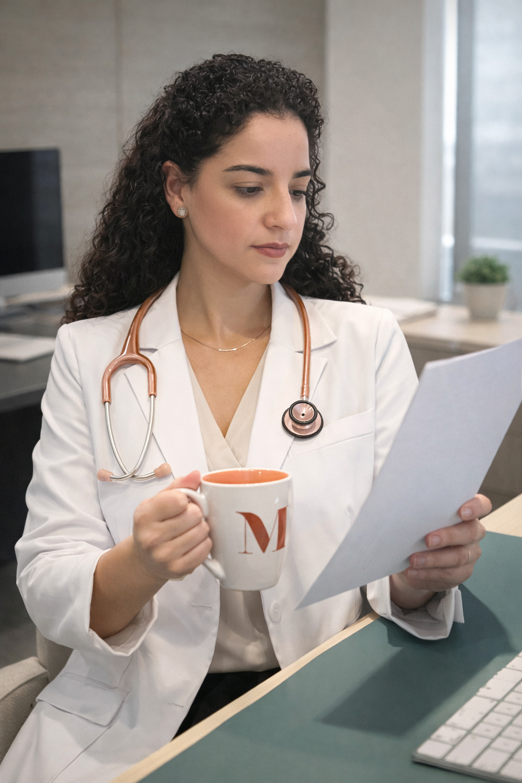 A professional in a lab coat and stethoscope holding a document and a mug while sitting at a desk.