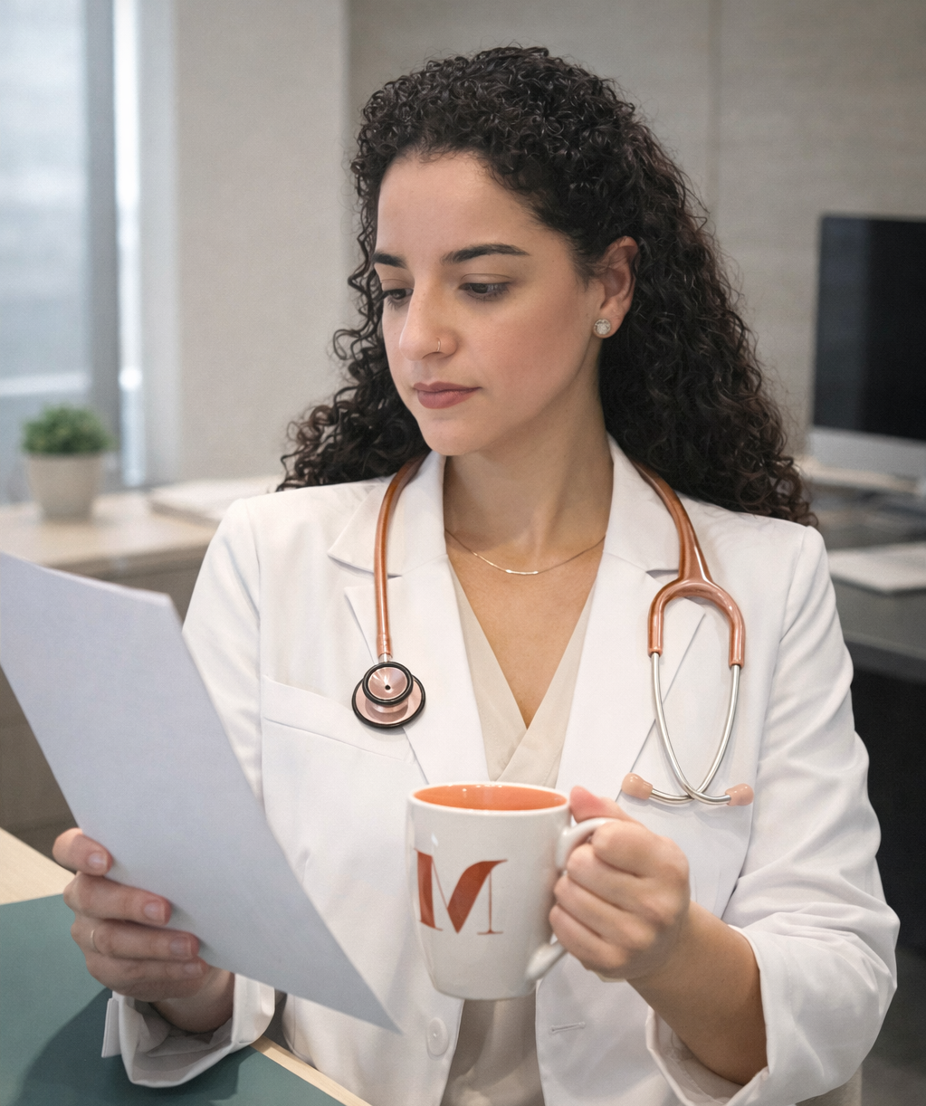 A healthcare professional in a white coat with a stethoscope holds a document and a mug in an office setting.