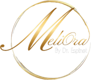 A gold-colored logo featuring the stylized text "MeliOra By Dr. Espinet" enclosed in a circular brushstroke frame.