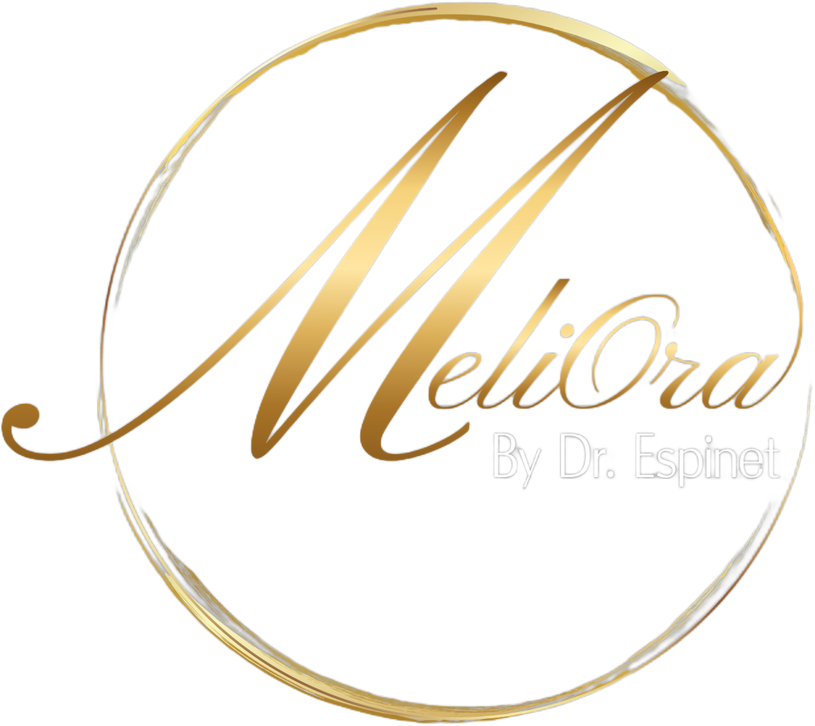 A gold-colored logo featuring the stylized text "MeliOra By Dr. Espinet" enclosed in a circular brushstroke frame.