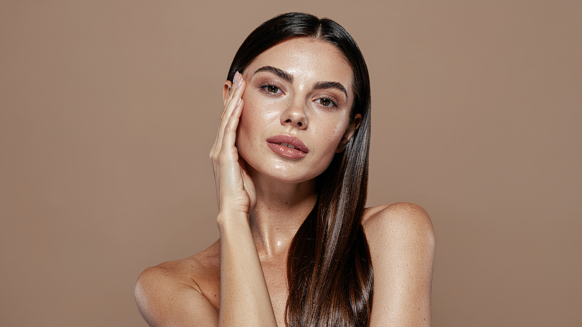 A person with smooth skin and dark hair posing against a neutral beige background, with one hand resting on their cheek.