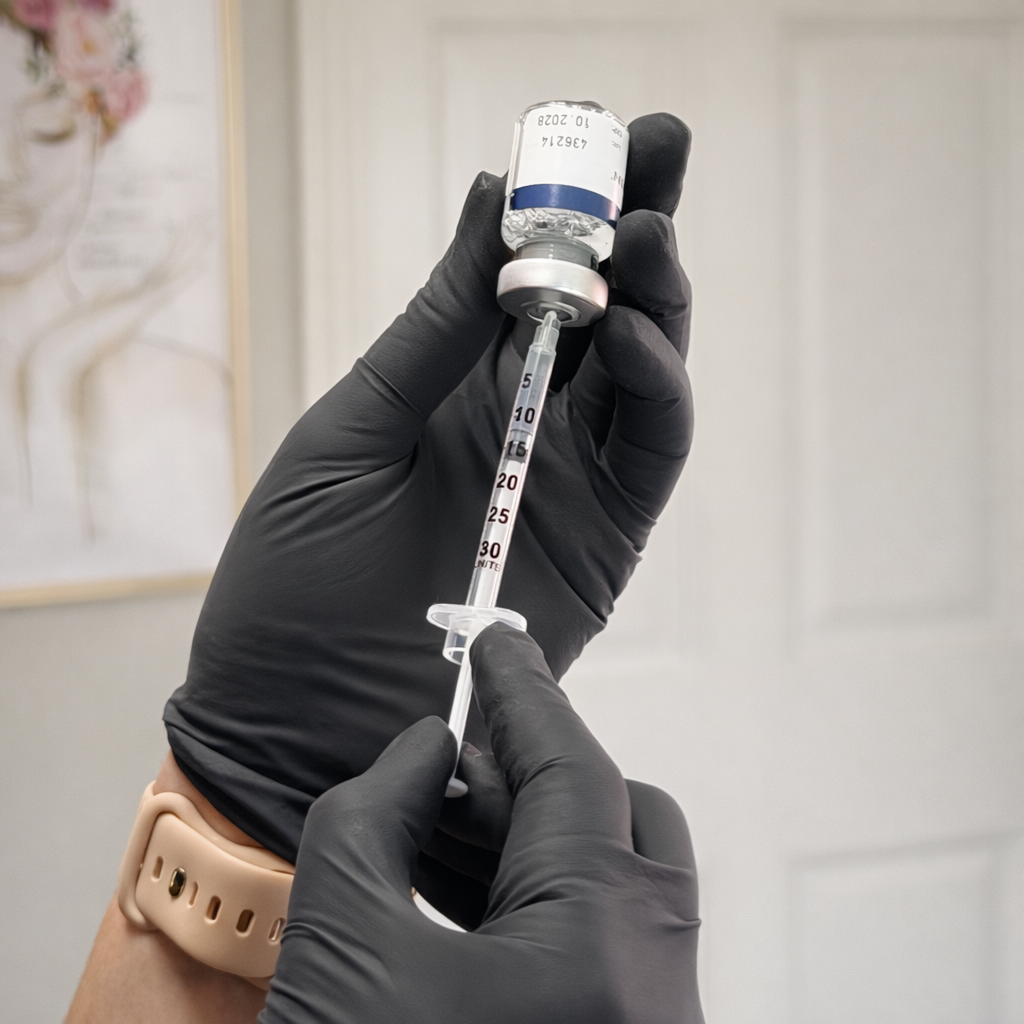 Hands in black medical gloves drawing liquid into a syringe from a small vial in a clinical setting.