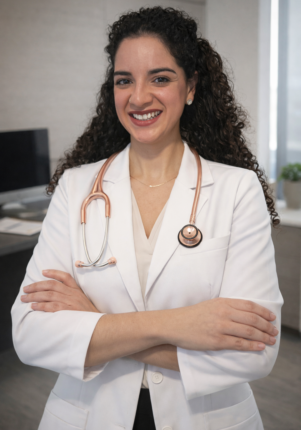 A medical professional in a white coat with a stethoscope around their neck, smiling with arms crossed in an office.