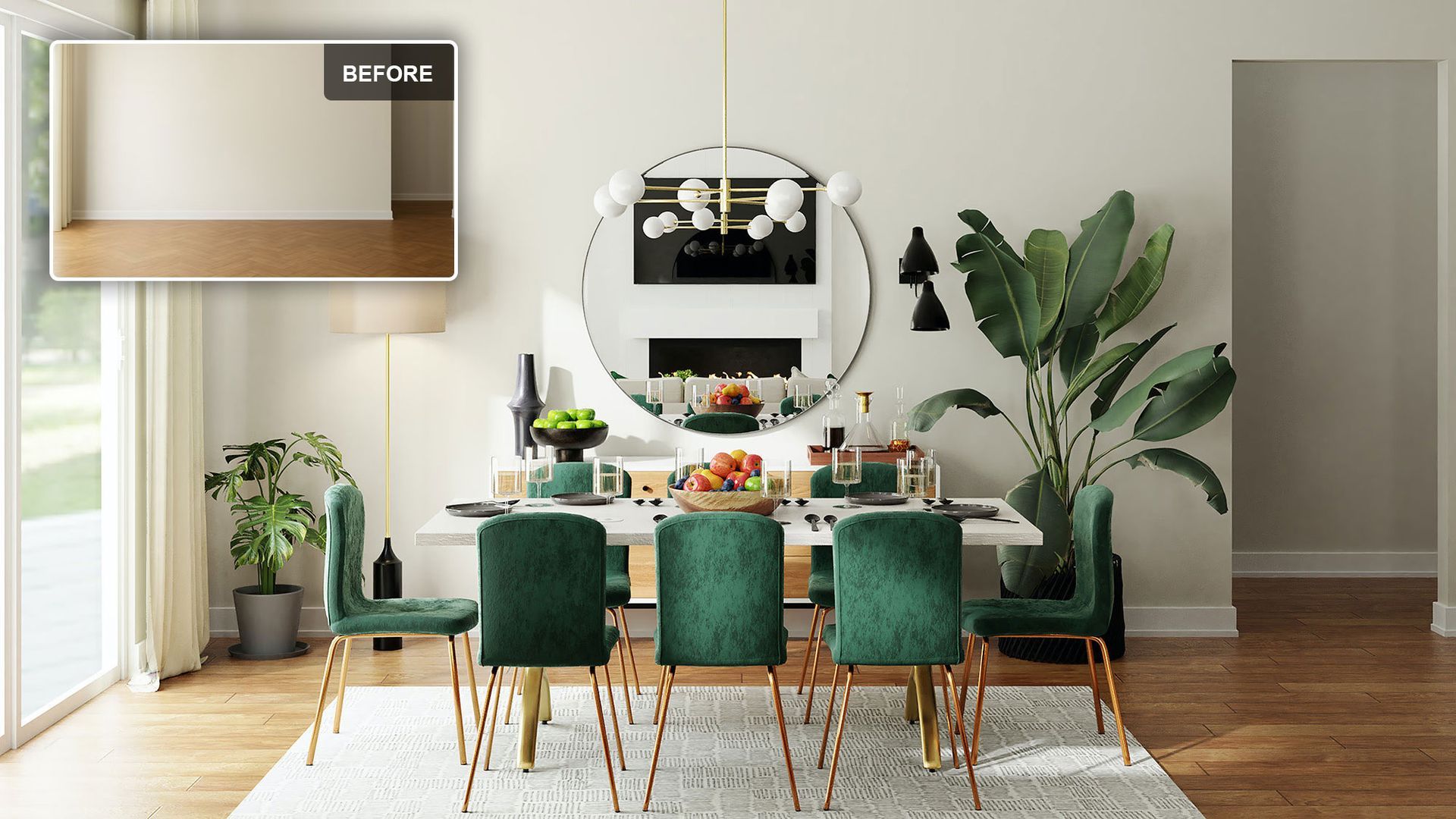 Dining room with green velvet chairs, table setting, and large mirror.