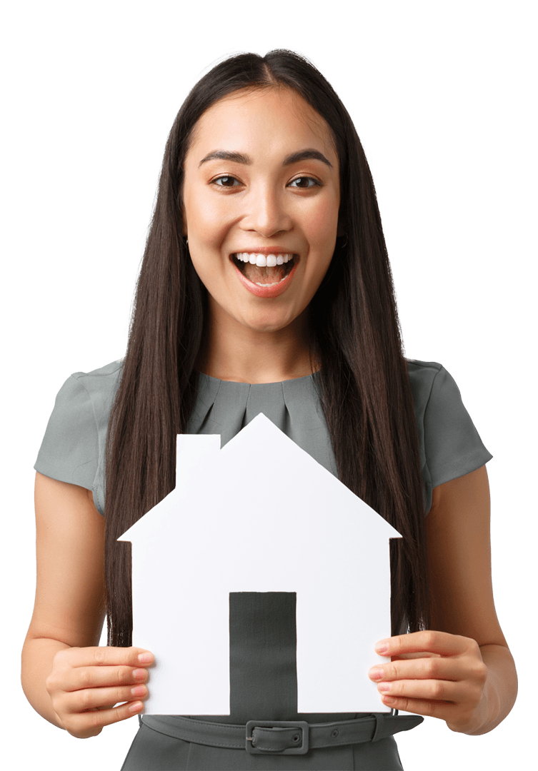 Cheerful asian female buying or selling home