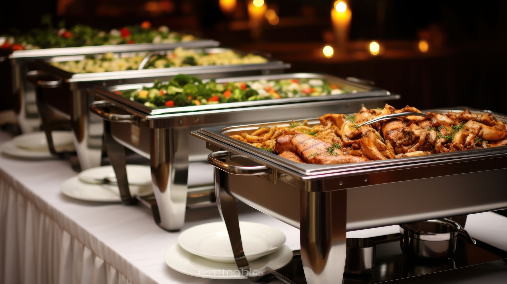 A buffet line of chafing dishes filled with prepared food, arranged on a long table in a dimly lit, elegant venue.