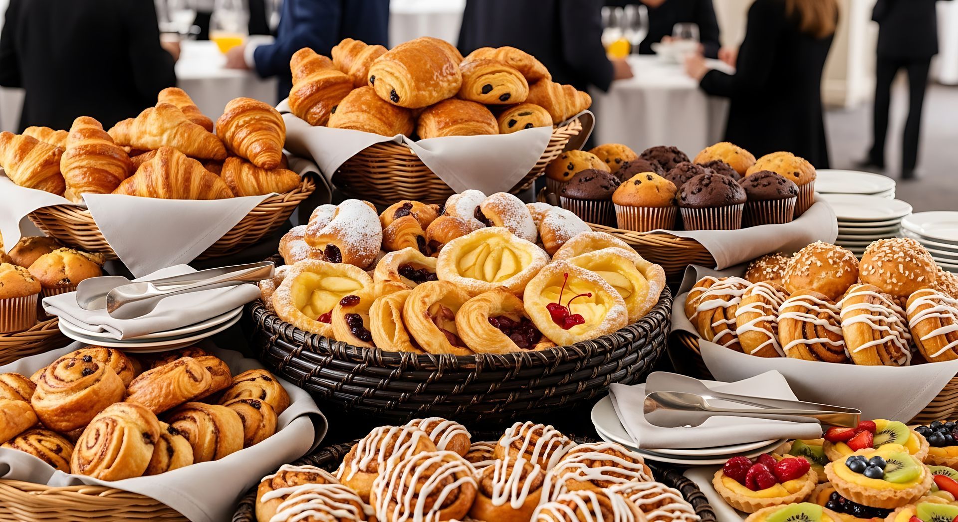 A spread of assorted pastries, including croissants, danishes, muffins, and iced buns, arranged on trays at a buffet.