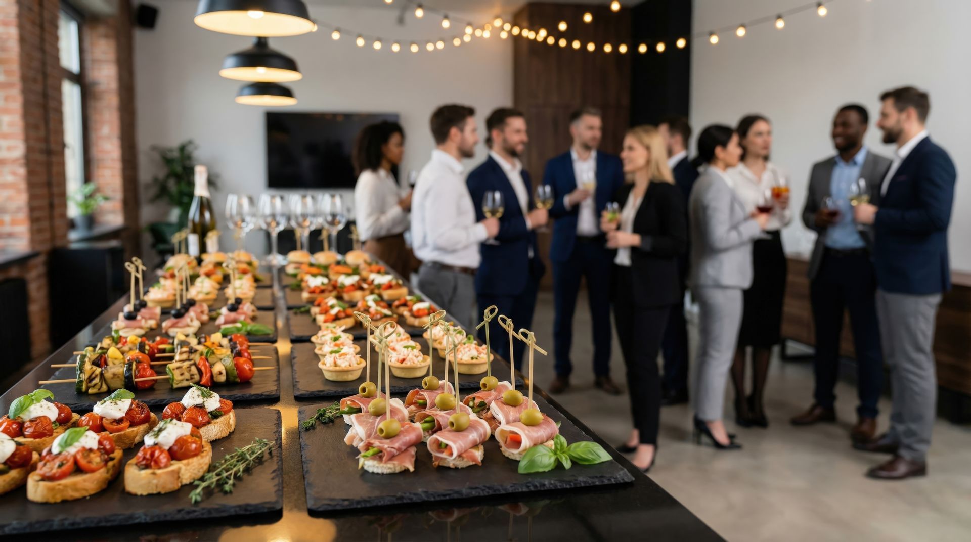 A spread of appetizers on a buffet table in the foreground, with people chatting at a business networking event behind.