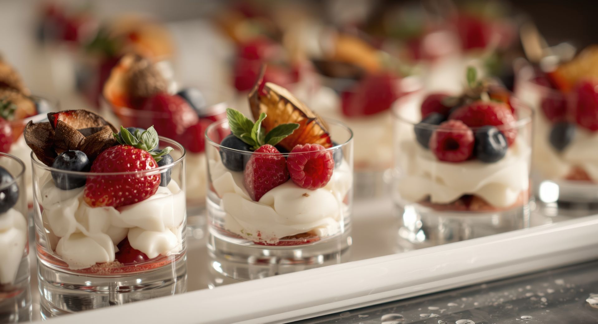 Small glass cups filled with cream, fresh raspberries, blueberries, and sliced fruit arranged on a white tray.