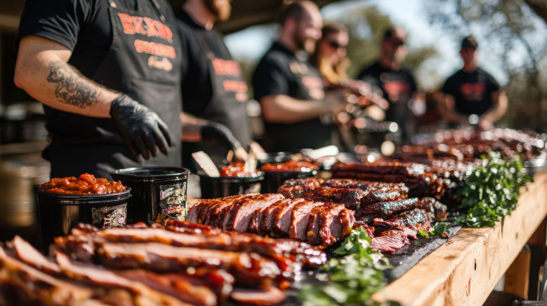 People wearing aprons arrange an extensive spread of sliced barbecue brisket and ribs on a long wooden table.