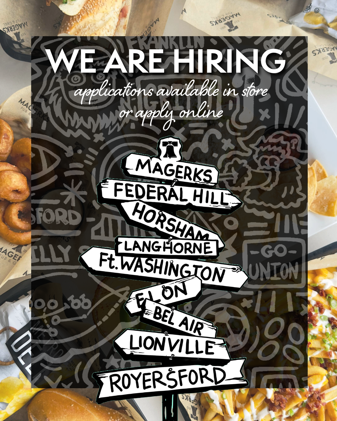 Magerks restaurant ad with staff, wearing black masks and shirts, inviting people to join their team.