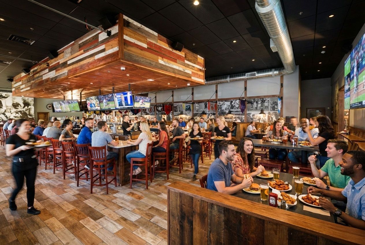 Busy sports bar with patrons eating and watching TVs. Servers walk among tables. Wooden bar and floors.